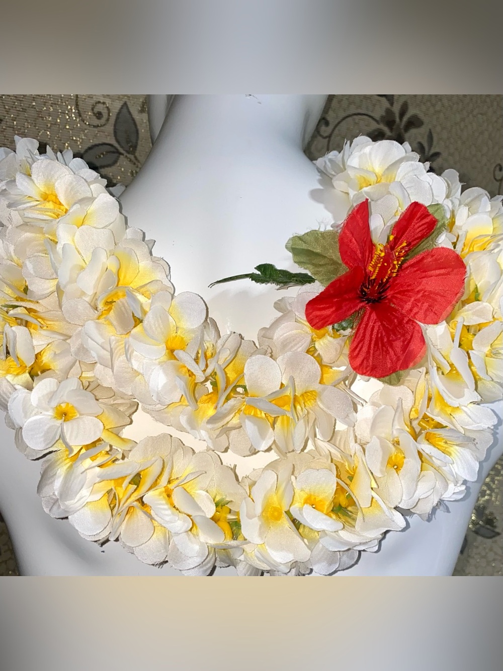 Vintage Hawaiian Plumeria Lei Necklace White Yellow Red Hibiscus Luau 30”